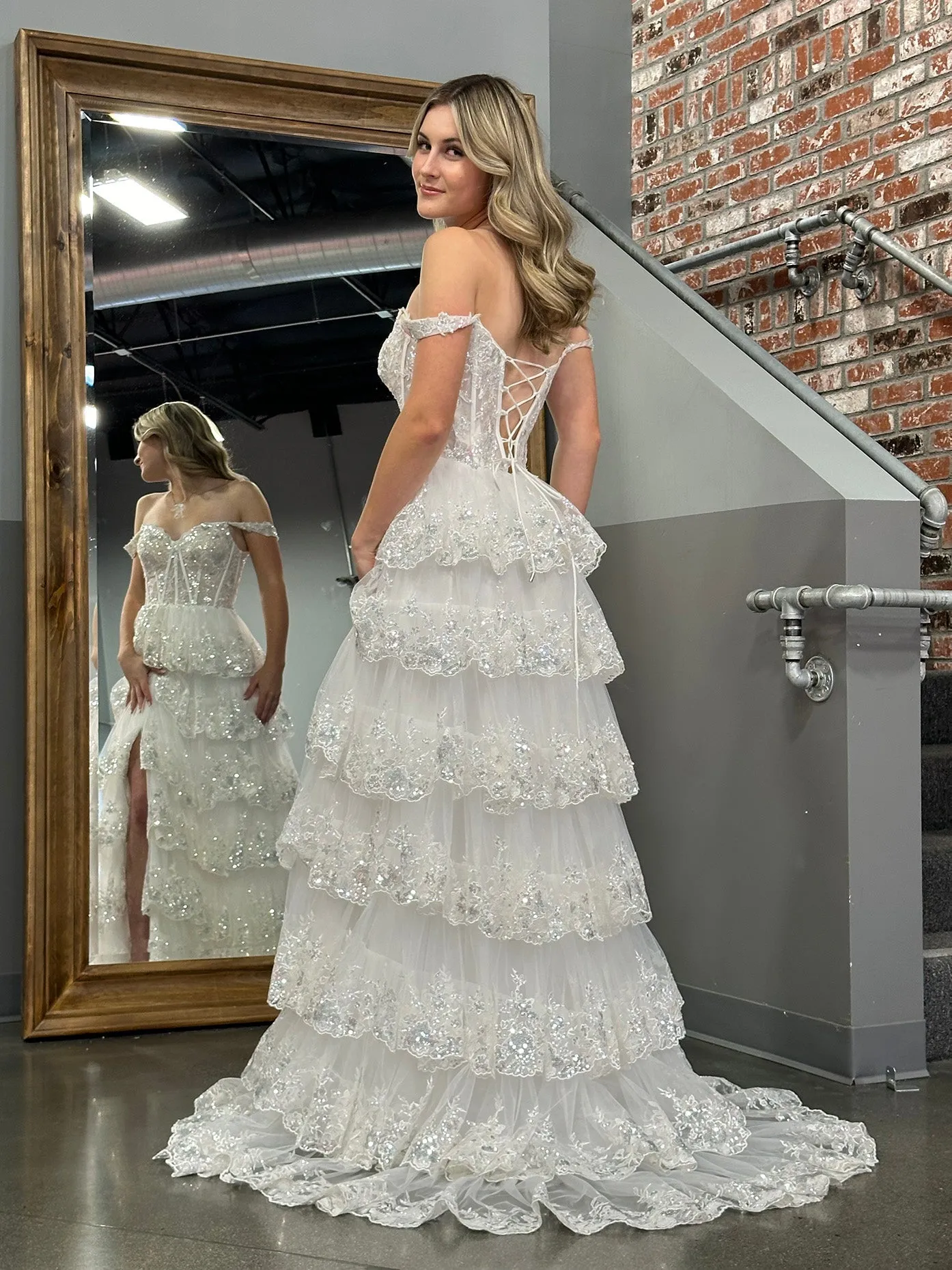 Roycebridal Princess A Line Off the Shoulder Corset Prom Dress with Lace Ruffles