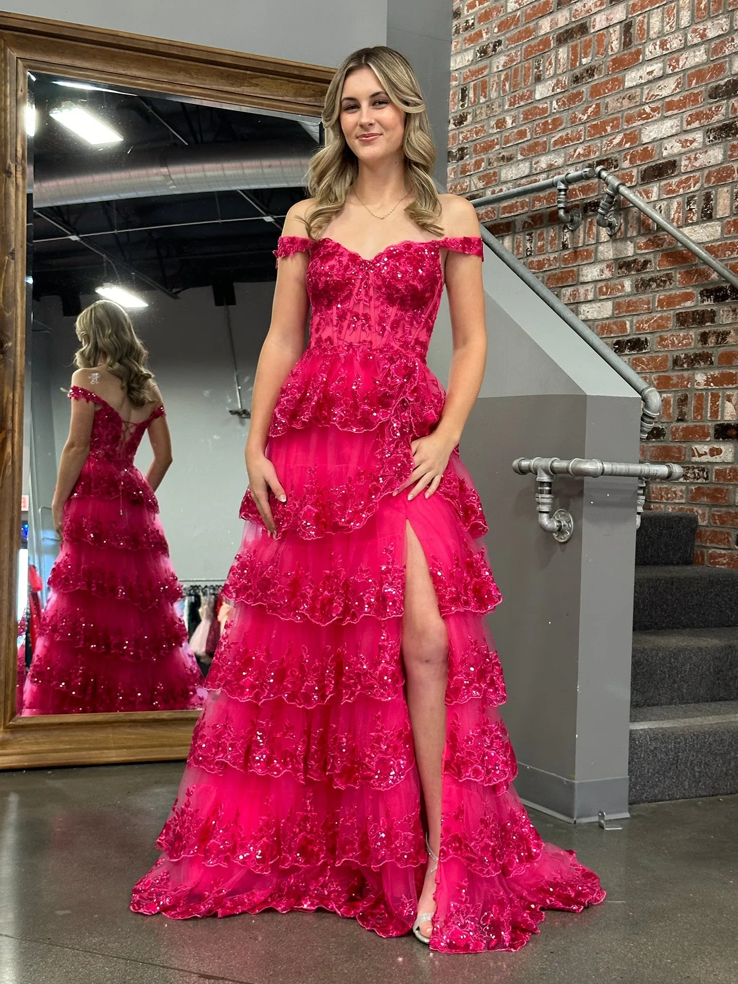 Roycebridal Princess A Line Off the Shoulder Corset Prom Dress with Lace Ruffles