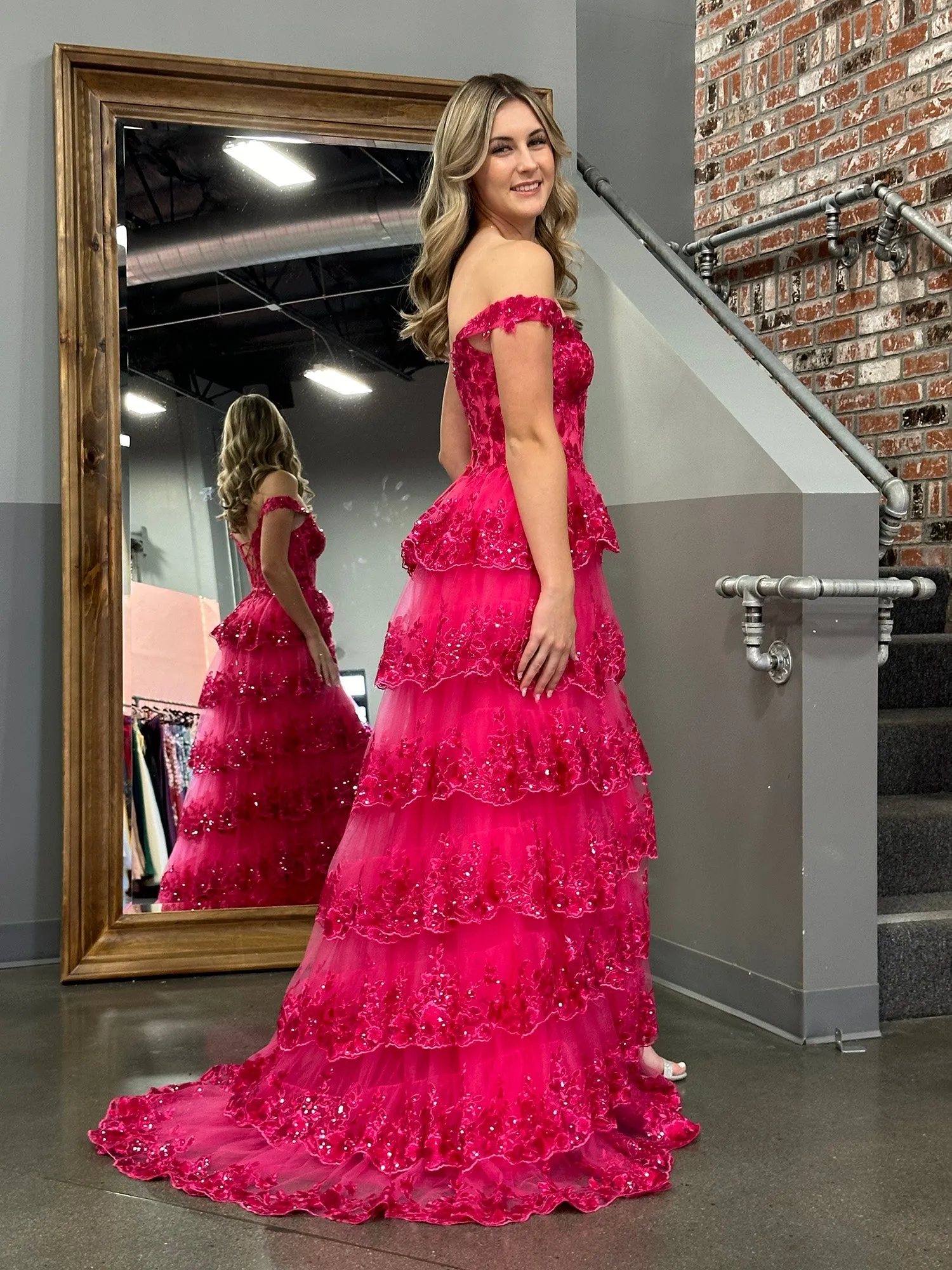 Roycebridal Princess A Line Off the Shoulder Corset Prom Dress with Lace Ruffles