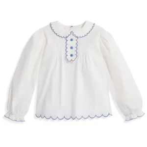 Scallop Trim Blouse -- Ivory with Periwinkle