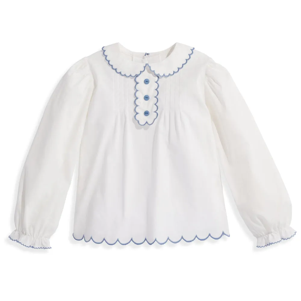 Scallop Trim Blouse -- Ivory with Periwinkle
