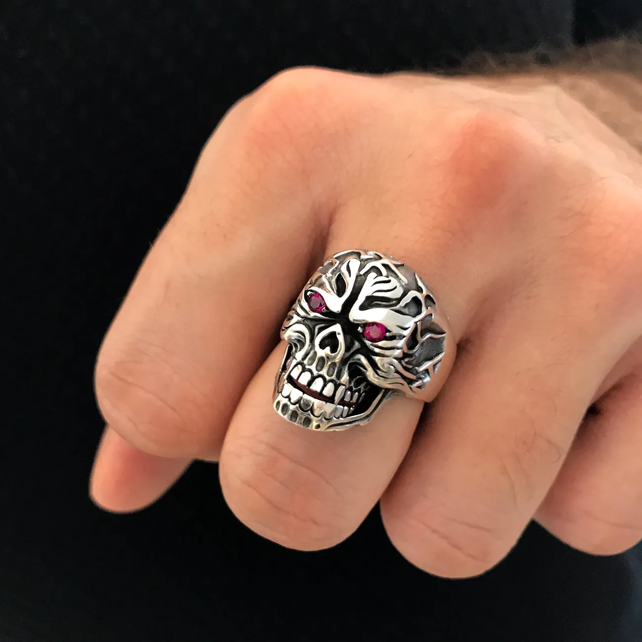 Scary Skull Design with Purple Zirconia Eyes Sterling Silver Biker's Ring