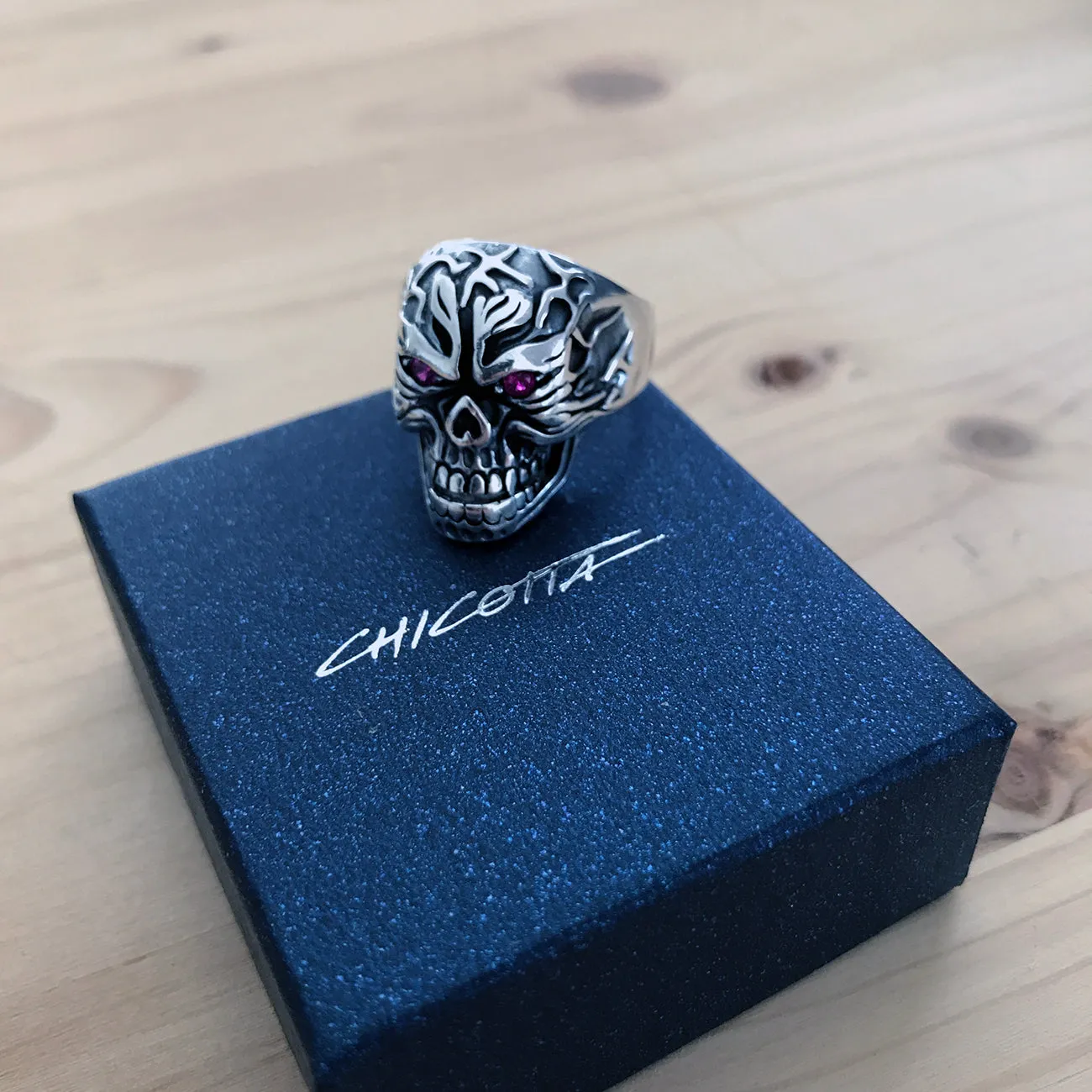 Scary Skull Design with Purple Zirconia Eyes Sterling Silver Biker's Ring