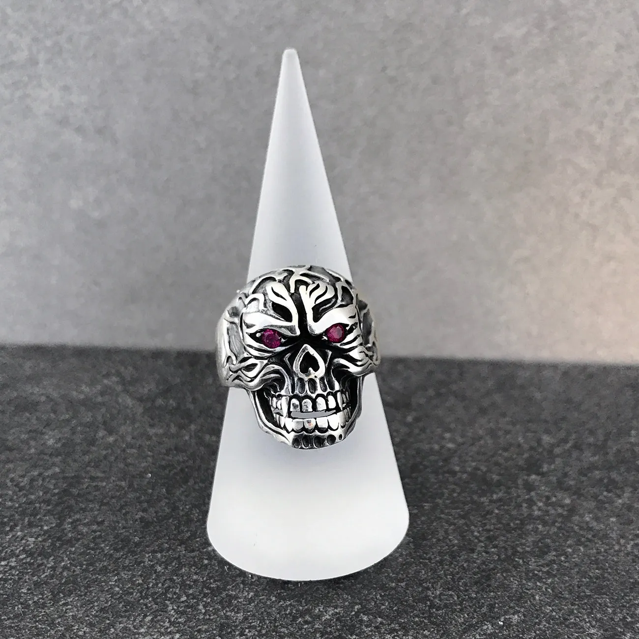 Scary Skull Design with Purple Zirconia Eyes Sterling Silver Biker's Ring
