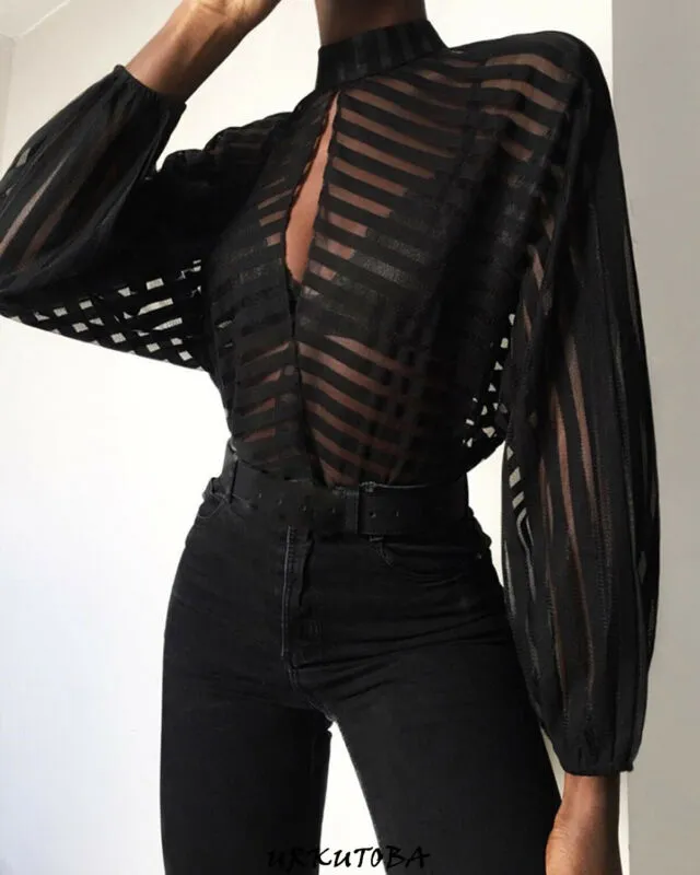 Sheer Mesh Long Puff Sleeve Blouses