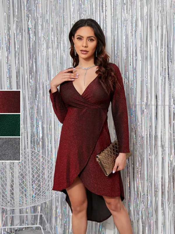 Shimmering V-Neck Wrap Dress with Asymmetrical Hem