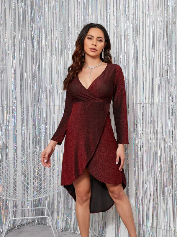 Shimmering V-Neck Wrap Dress with Asymmetrical Hem