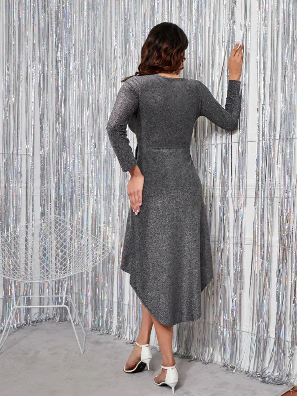 Shimmering V-Neck Wrap Dress with Asymmetrical Hem