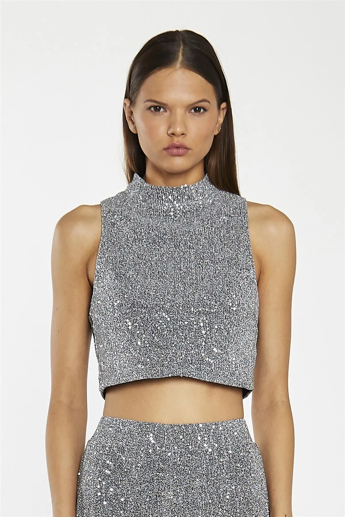 Silver-Sequin Plisse High-Neck Crop-Top