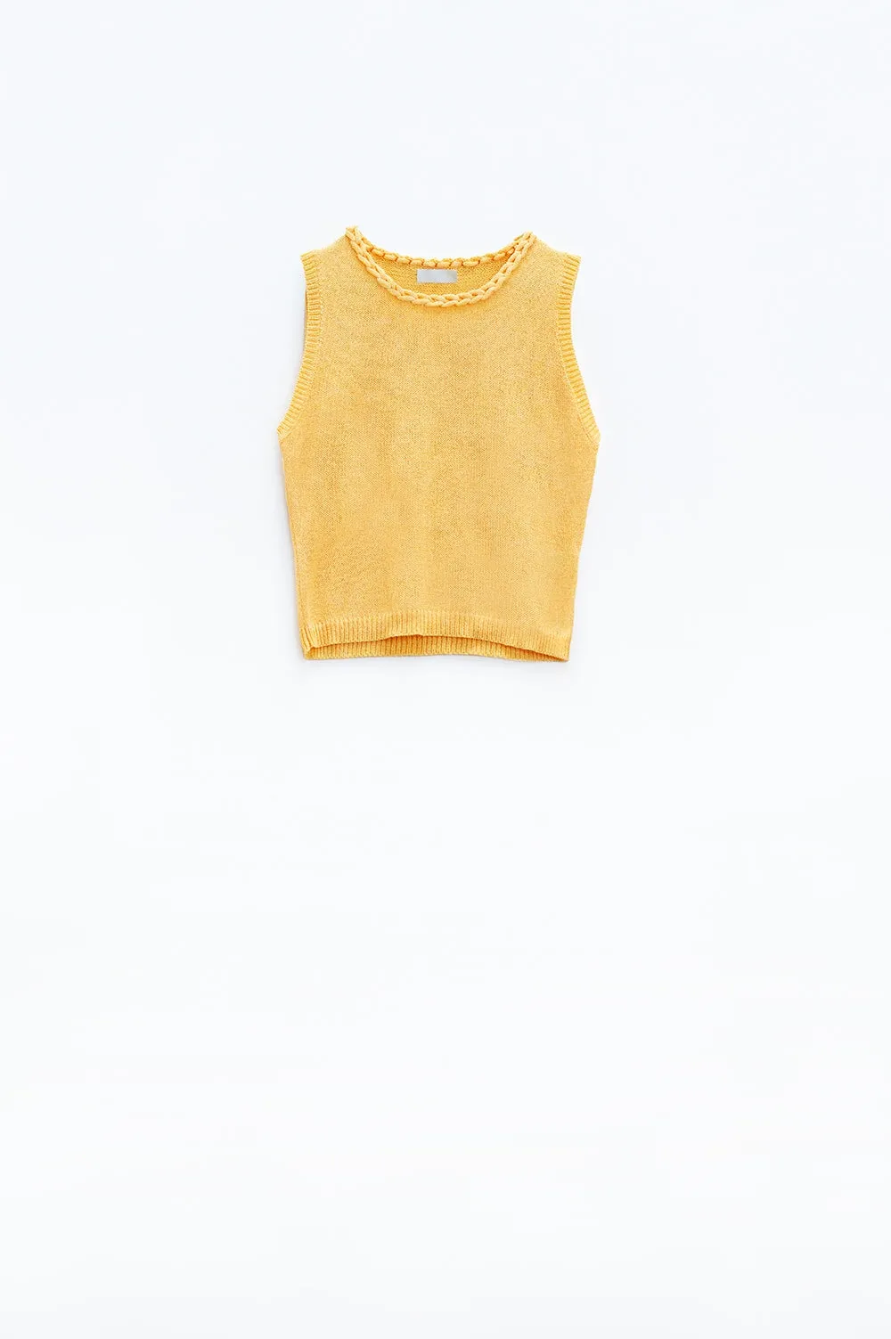 Sleeveless Yellow Sweater With Crew Neckline And Braid Detail At Neckline