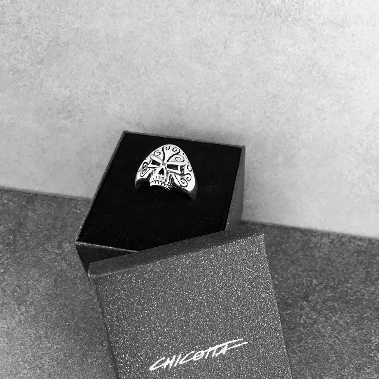 Small Floral Skull Design Sterling Silver Biker's Ring