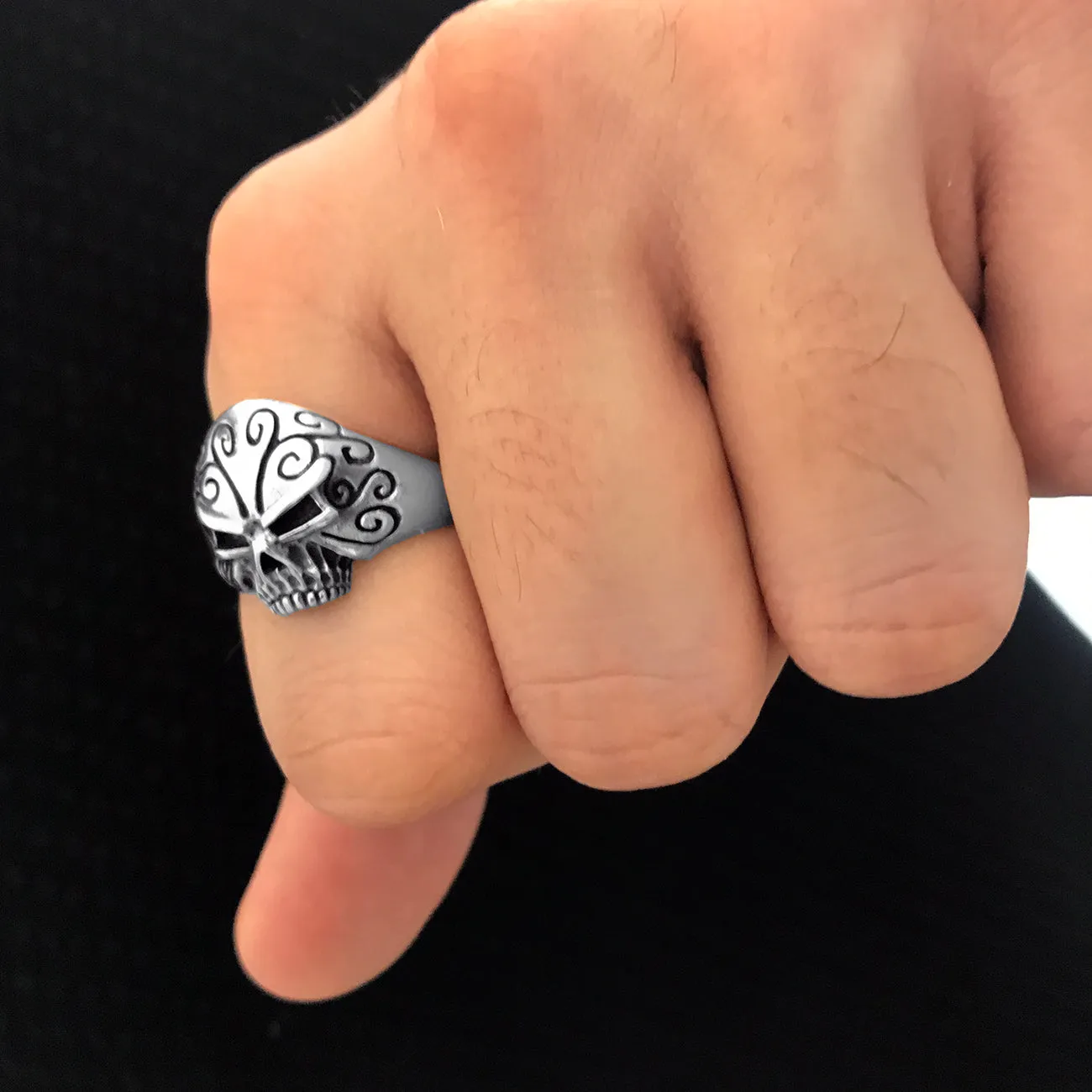 Small Floral Skull Design Sterling Silver Biker's Ring