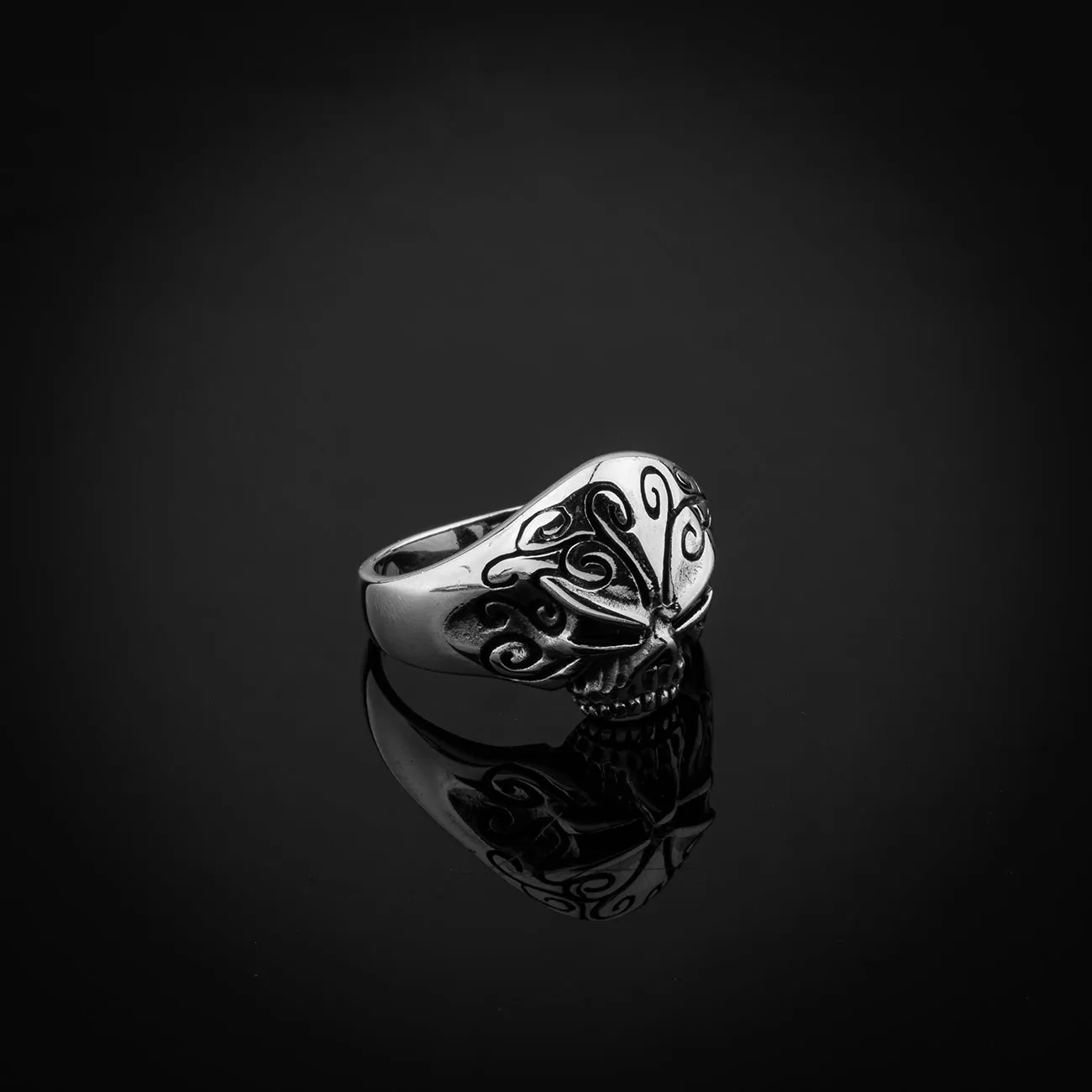 Small Floral Skull Design Sterling Silver Biker's Ring