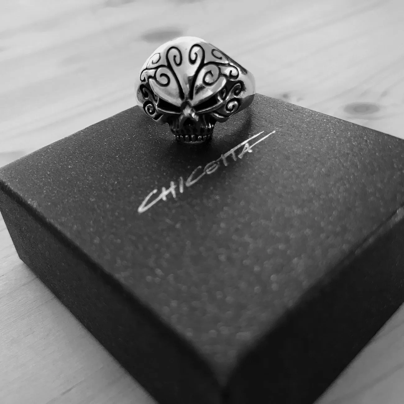 Small Floral Skull Design Sterling Silver Biker's Ring