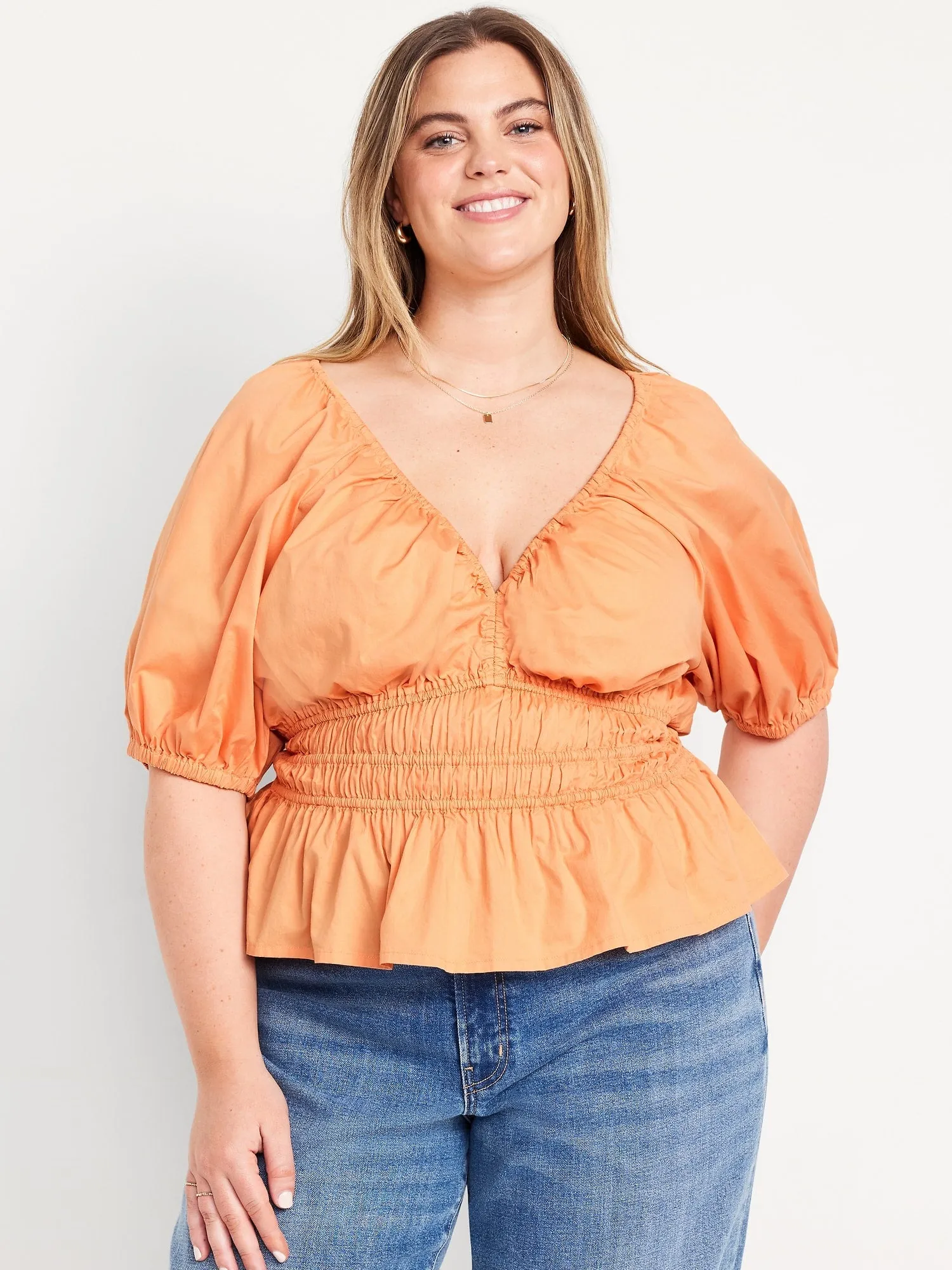 Smocked V-Neck Peplum Top