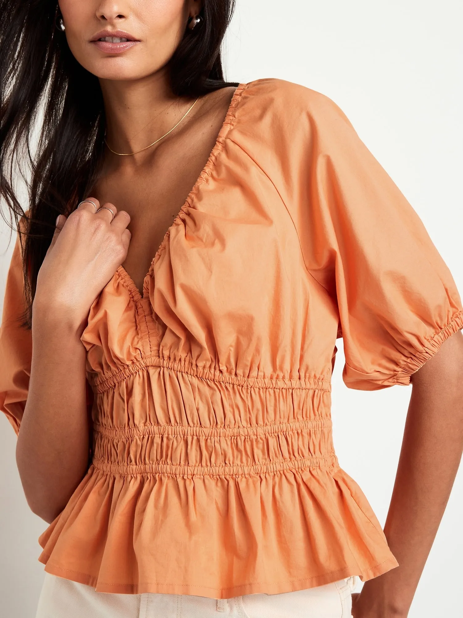 Smocked V-Neck Peplum Top