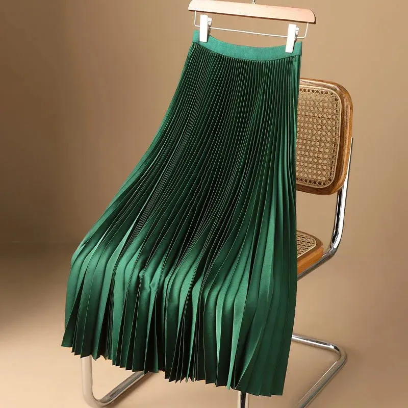 Solid Color High-end Satin Pleated High Waist Skirts