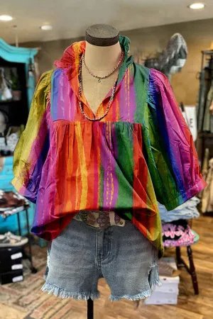 Stylish Mardi Gras Print Puff Sleeve Blouse