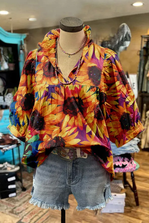 Stylish Mardi Gras Sunflower Print Puff Sleeve Blouse