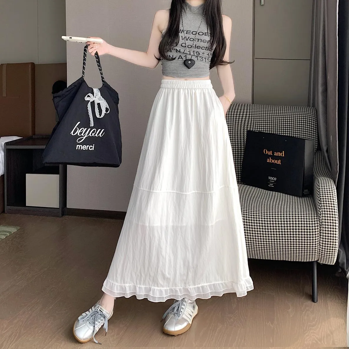 Stylish Solid Patchwork High Waisted Maxi Skirt for Women