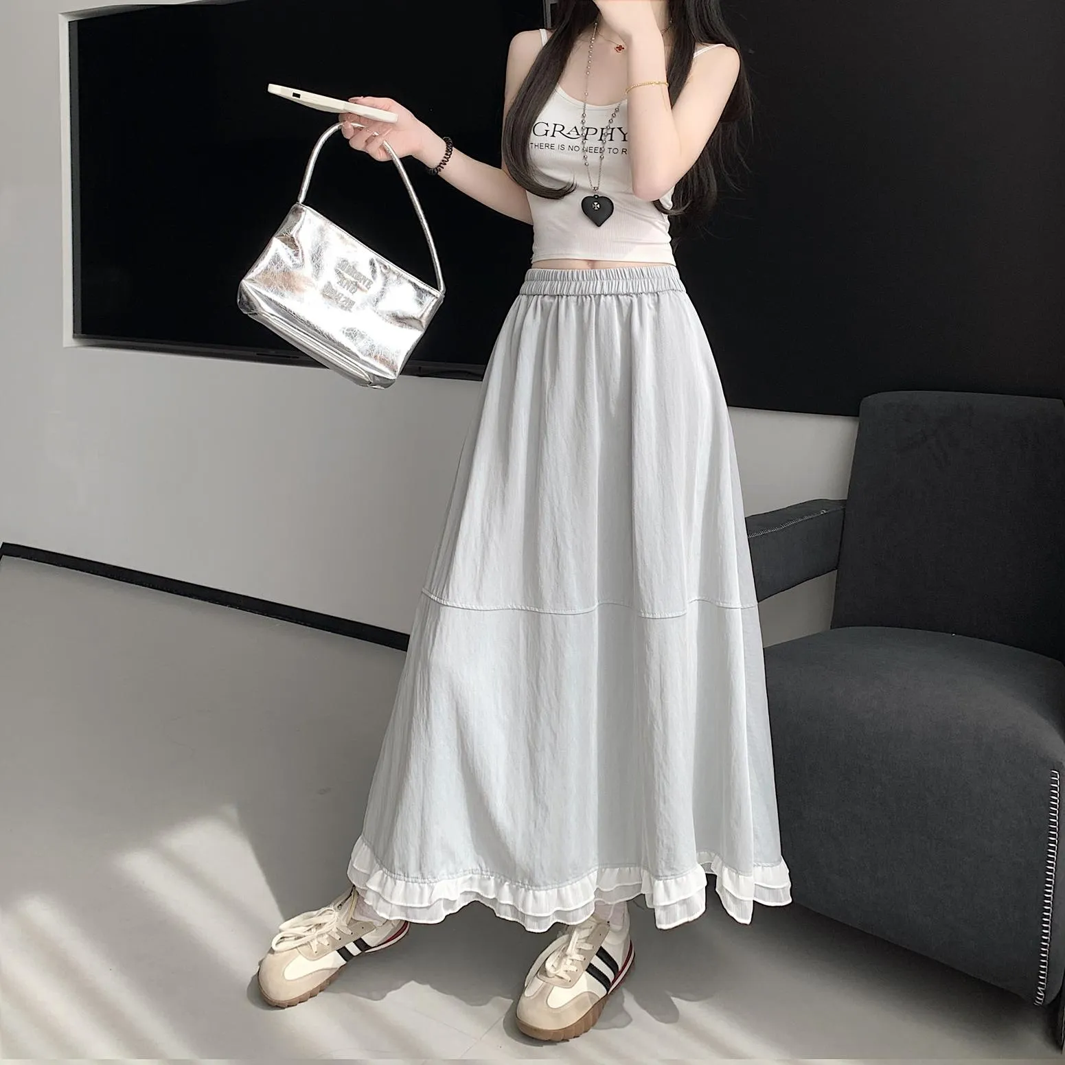 Stylish Solid Patchwork High Waisted Maxi Skirt for Women