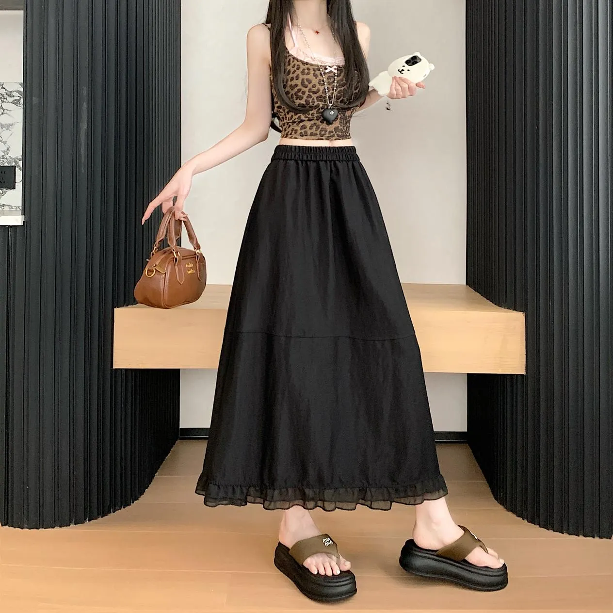 Stylish Solid Patchwork High Waisted Maxi Skirt for Women