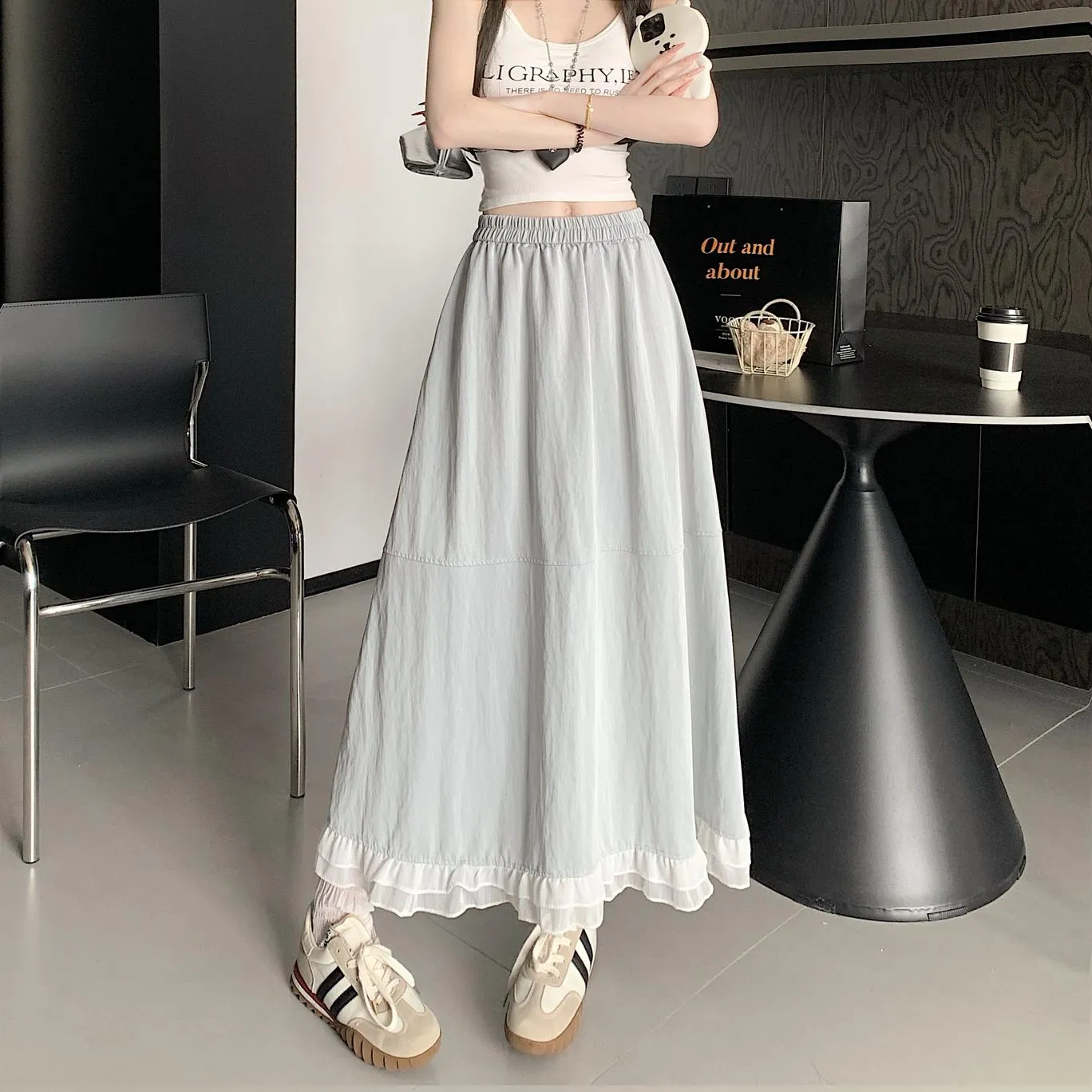 Stylish Solid Patchwork High Waisted Maxi Skirt for Women
