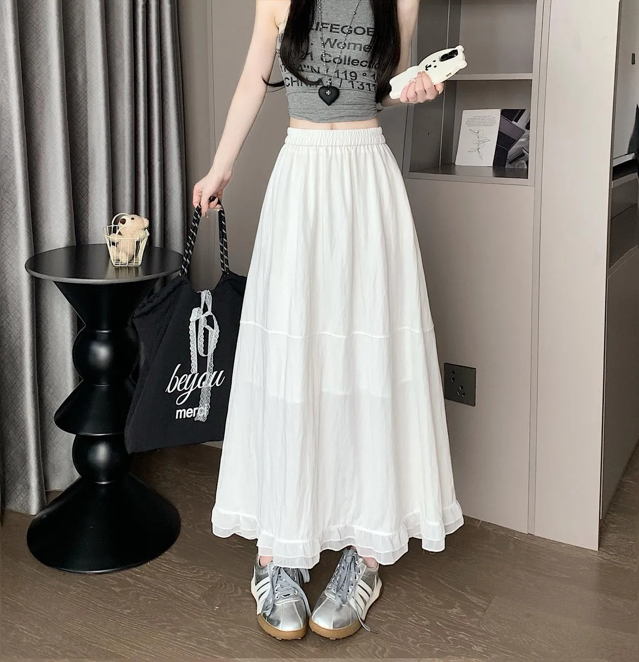 Stylish Solid Patchwork High Waisted Maxi Skirt for Women