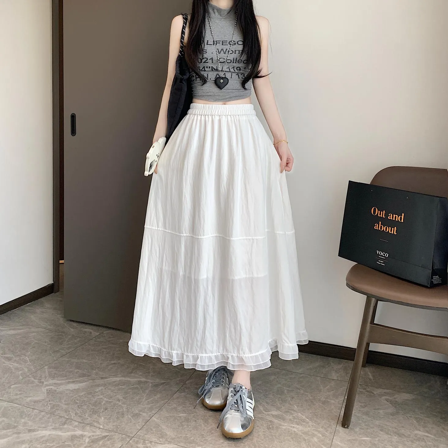 Stylish Solid Patchwork High Waisted Maxi Skirt for Women