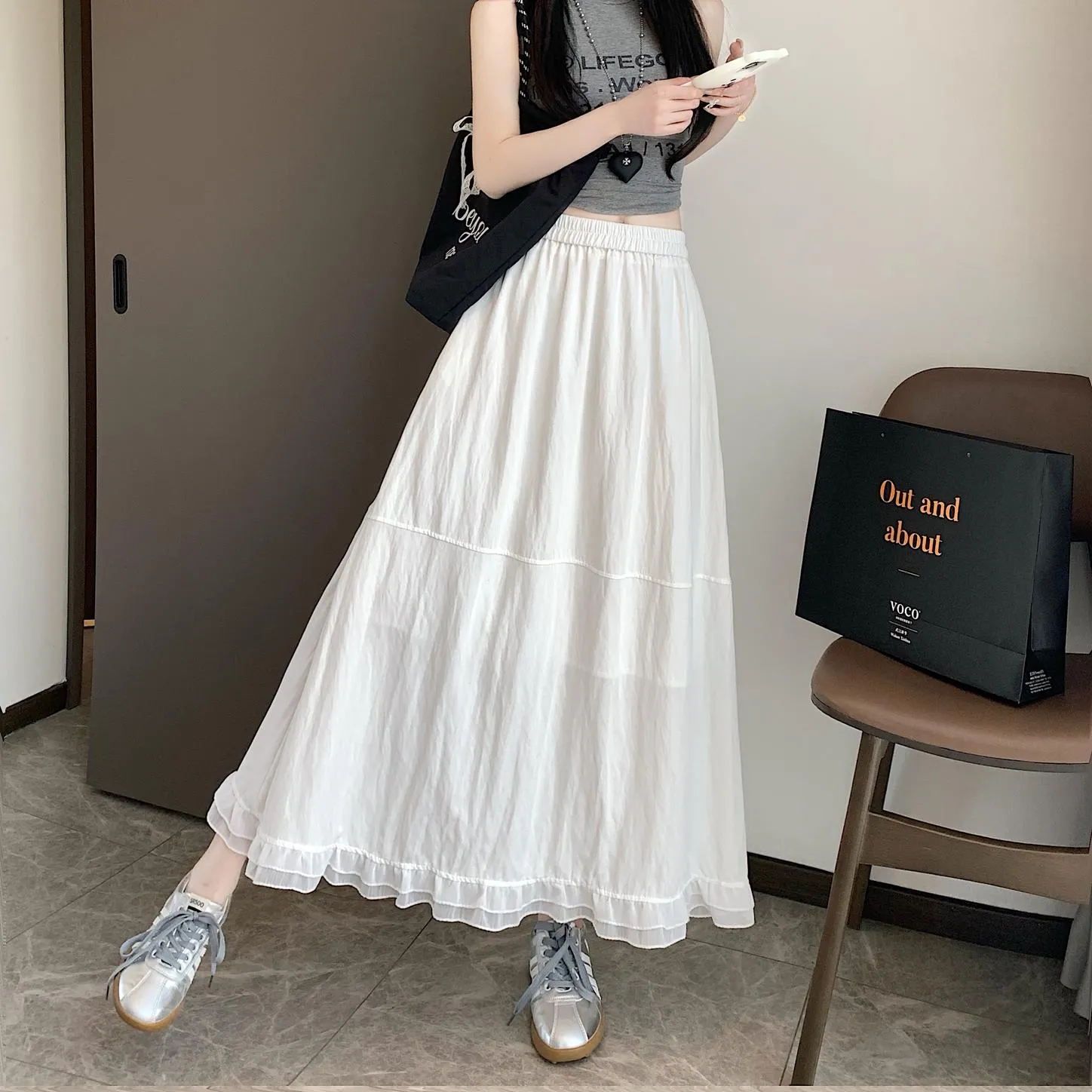 Stylish Solid Patchwork High Waisted Maxi Skirt for Women