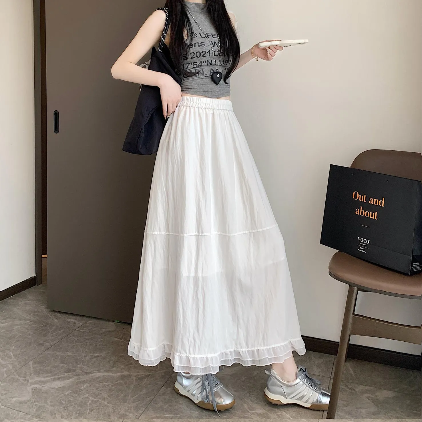 Stylish Solid Patchwork High Waisted Maxi Skirt for Women