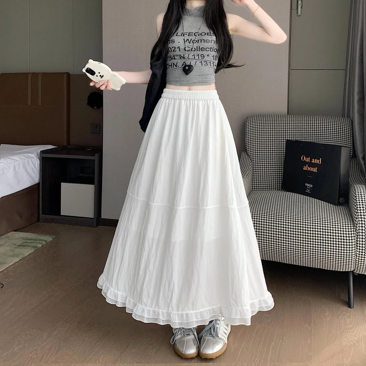 Stylish Solid Patchwork High Waisted Maxi Skirt for Women