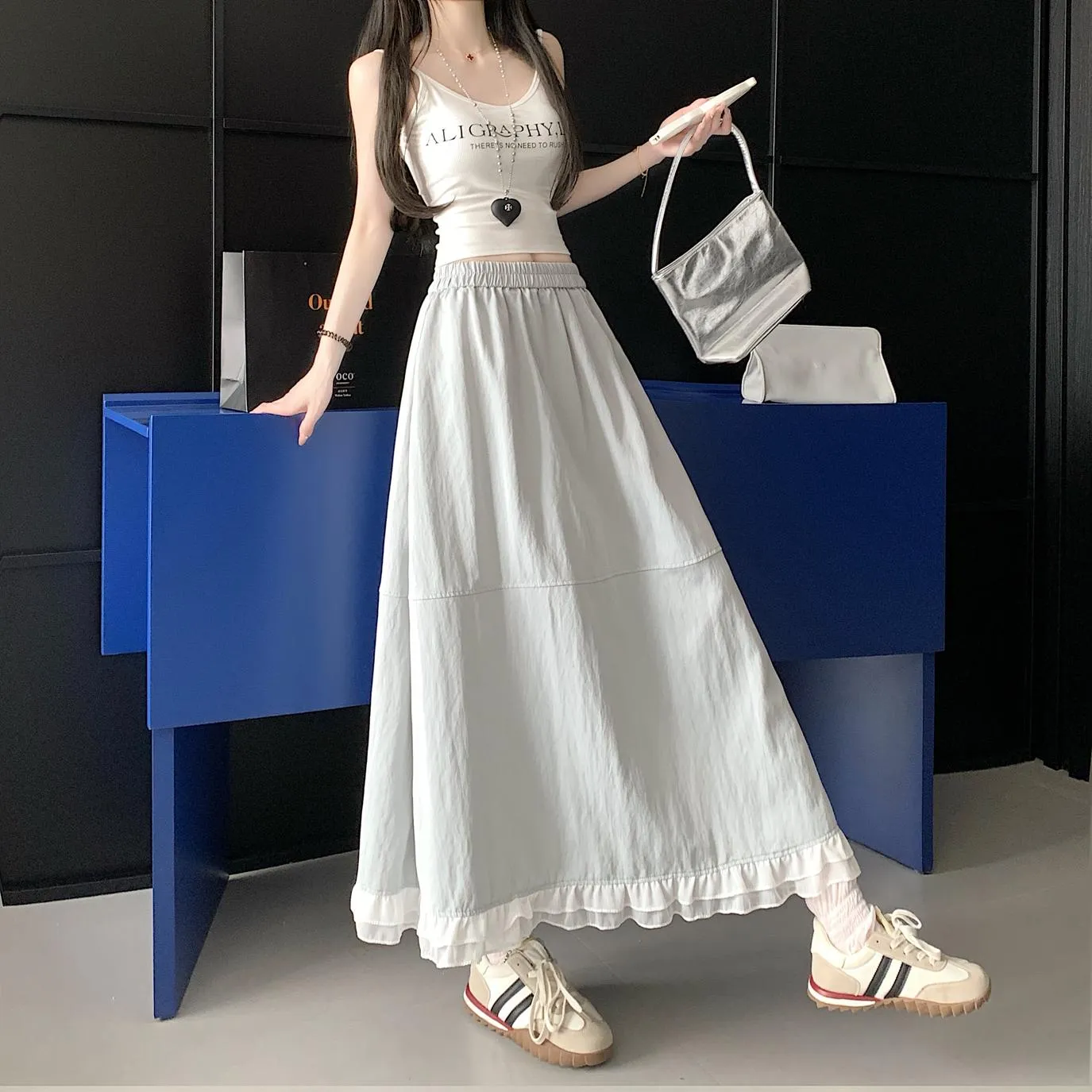 Stylish Solid Patchwork High Waisted Maxi Skirt for Women