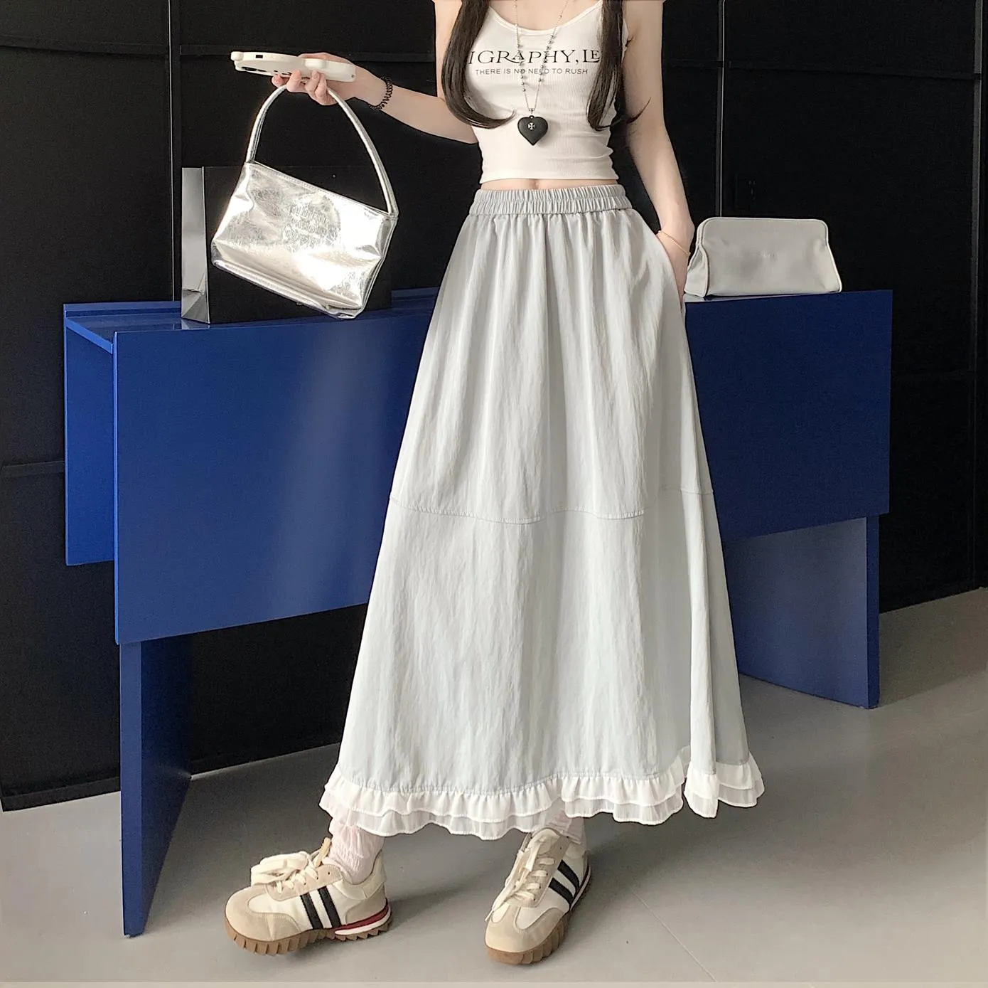 Stylish Solid Patchwork High Waisted Maxi Skirt for Women