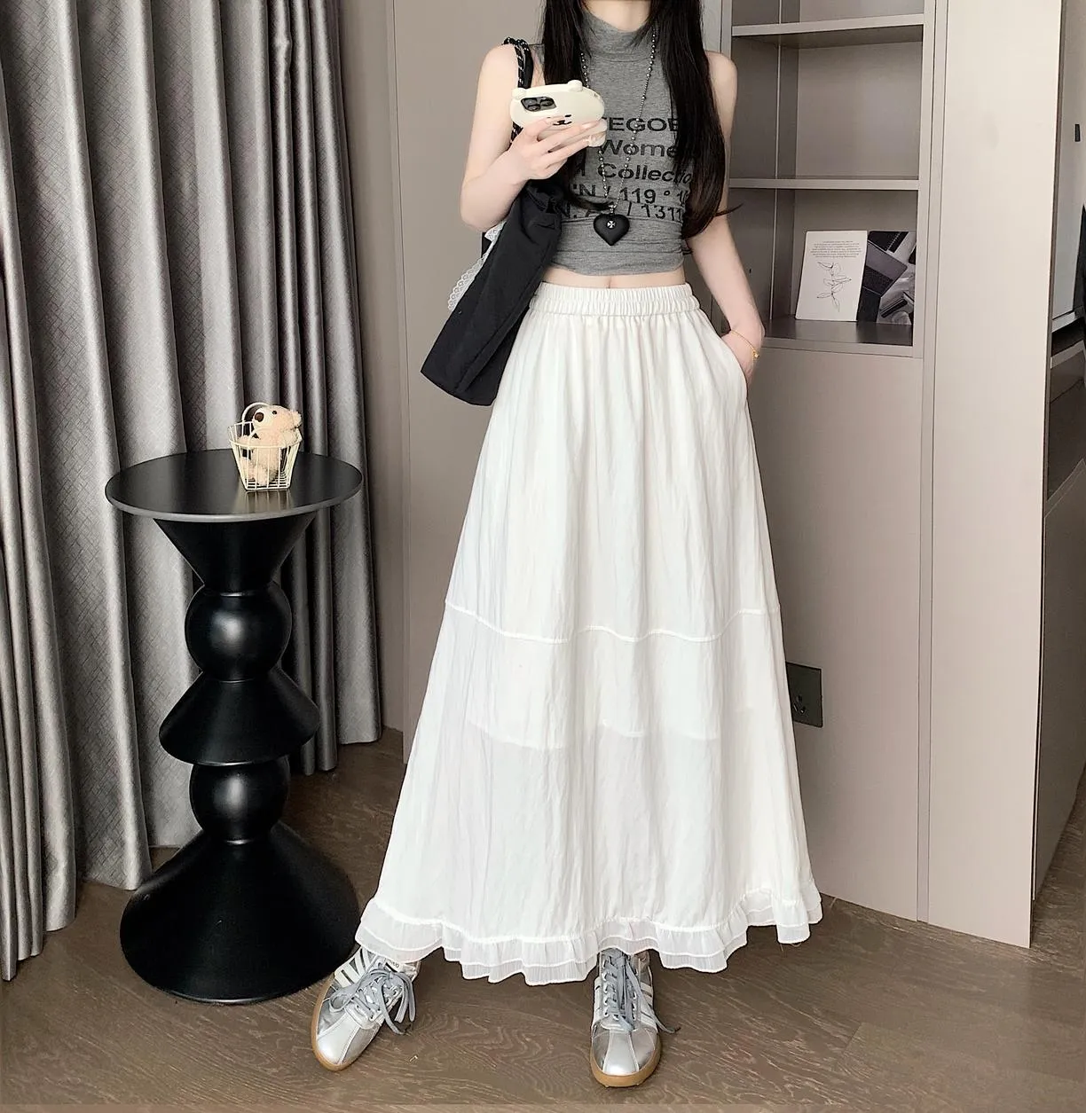 Stylish Solid Patchwork High Waisted Maxi Skirt for Women