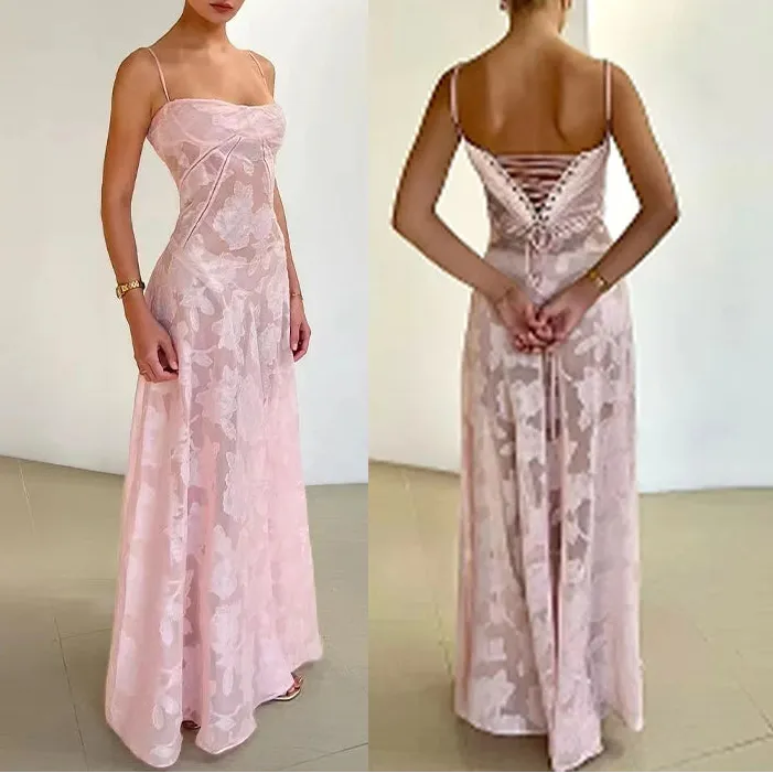 Summer Beach Backless Lace Hollow Out Evening Party Long Dresses