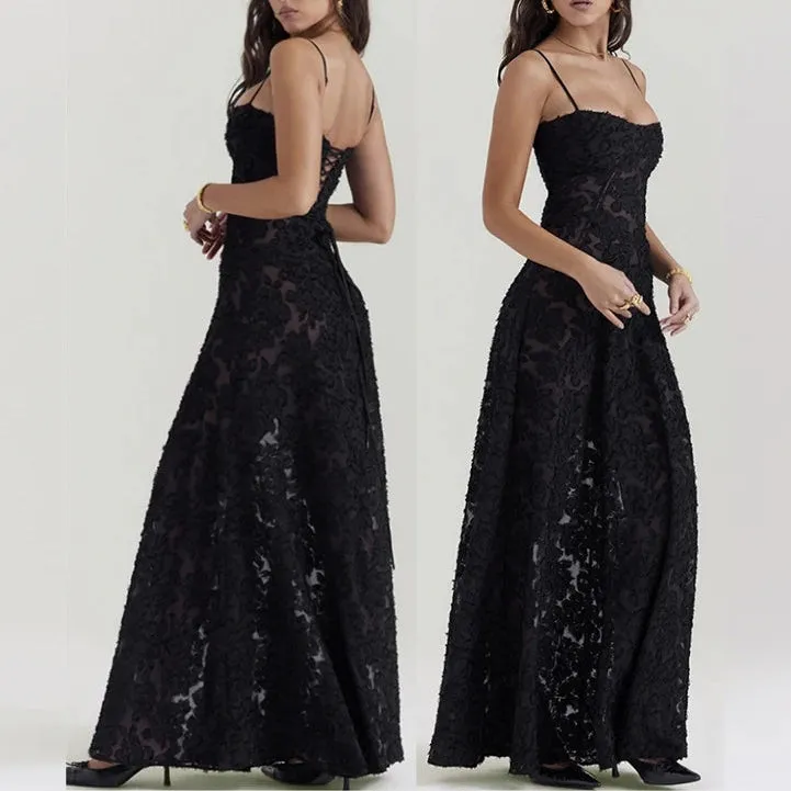 Summer Beach Backless Lace Hollow Out Evening Party Long Dresses