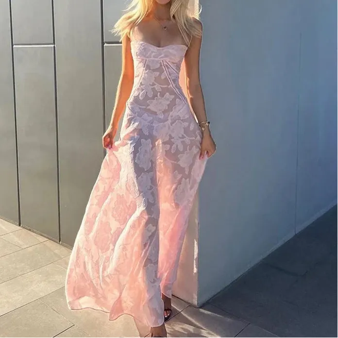 Summer Beach Backless Lace Hollow Out Evening Party Long Dresses