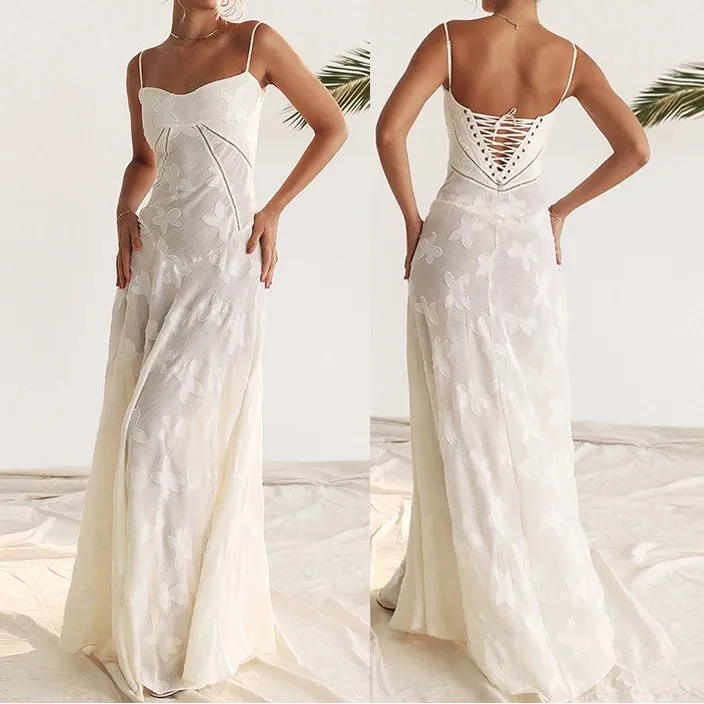 Summer Beach Backless Lace Hollow Out Evening Party Long Dresses