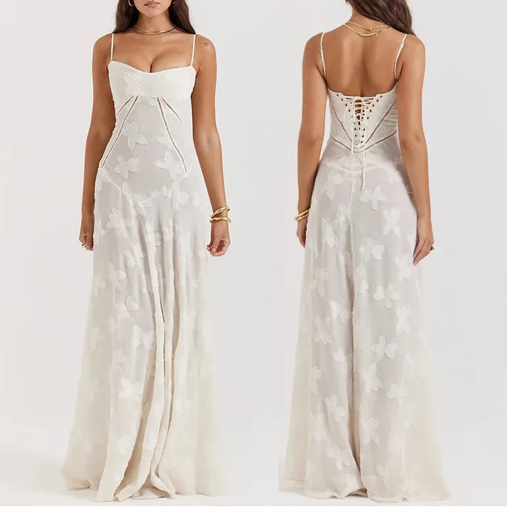 Summer Beach Backless Lace Hollow Out Evening Party Long Dresses