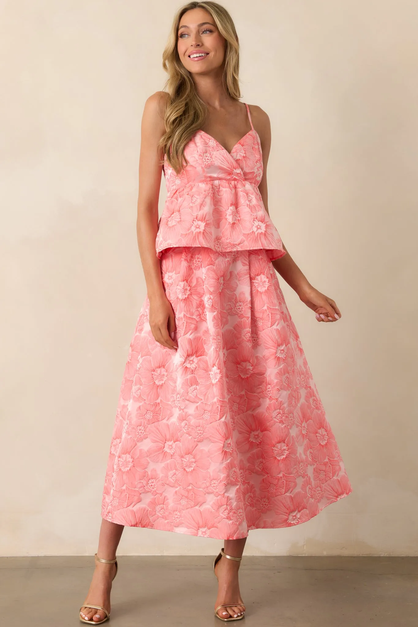 Sunlit Stroll Pink Coral Floral Jacquard Peplum Top