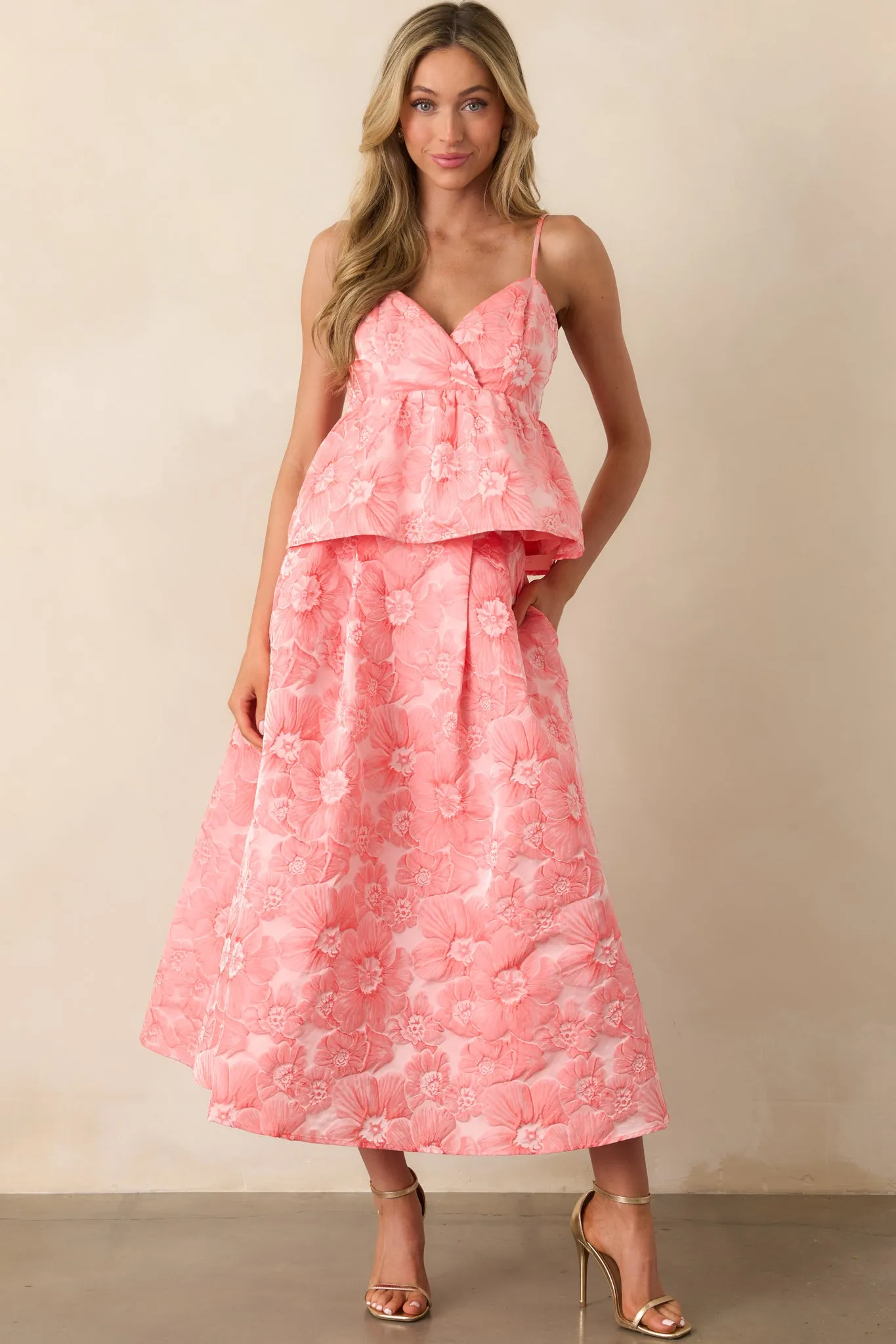 Sunlit Stroll Pink Coral Floral Jacquard Peplum Top