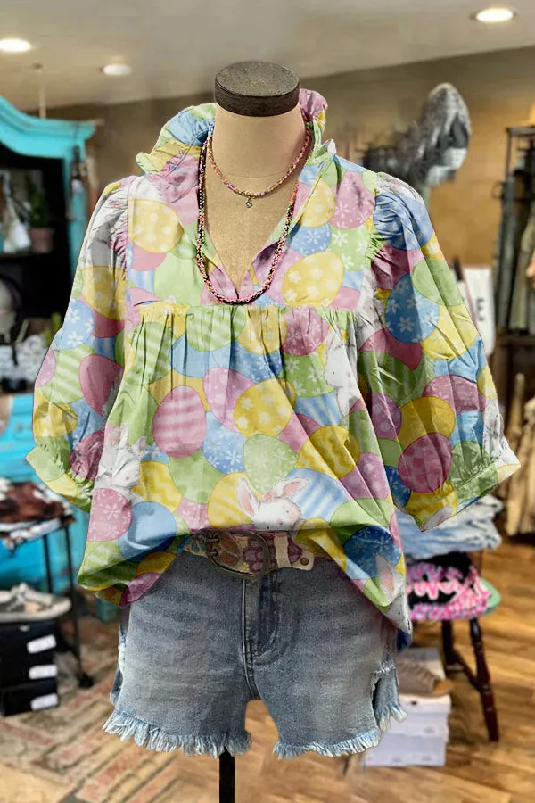 Sweet Bunny Easter Egg Print Puff Sleeve Blouse