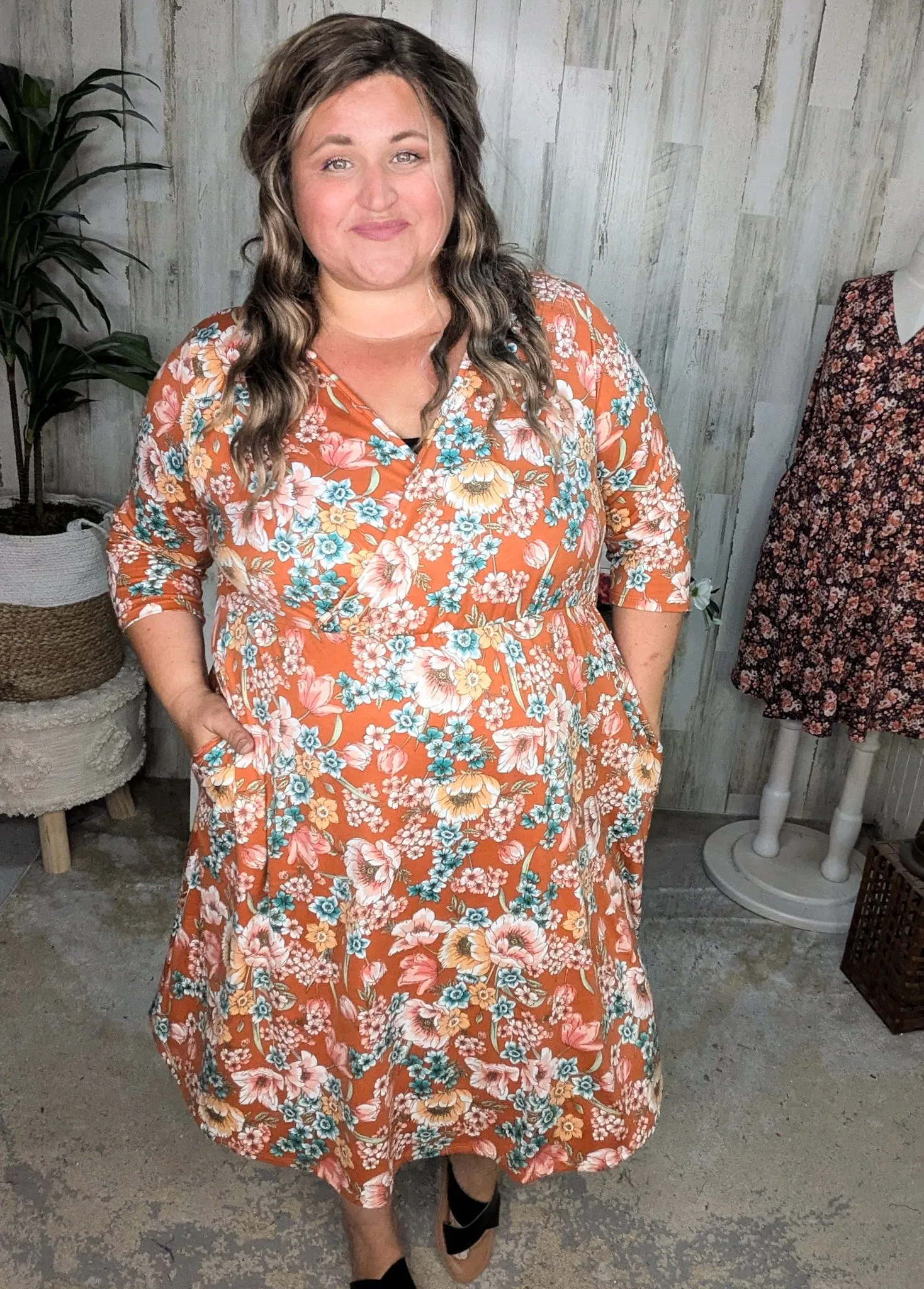 Taylor Faux-Wrap 3/4 Sleeve Dress in Florals (3 Colors)