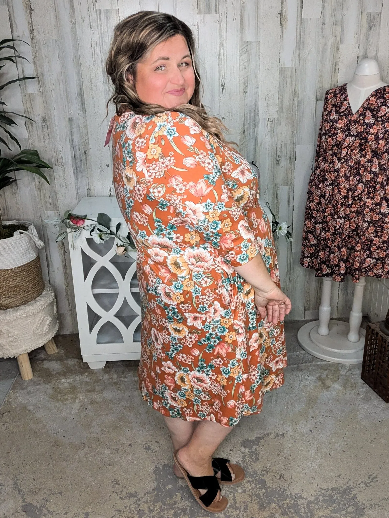 Taylor Faux-Wrap 3/4 Sleeve Dress in Florals (3 Colors)