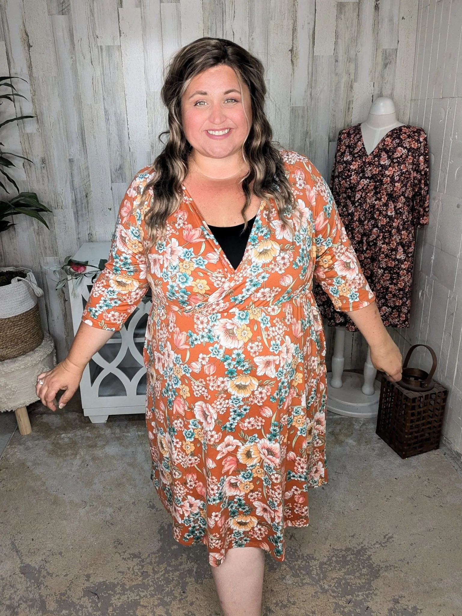 Taylor Faux-Wrap 3/4 Sleeve Dress in Florals (3 Colors)
