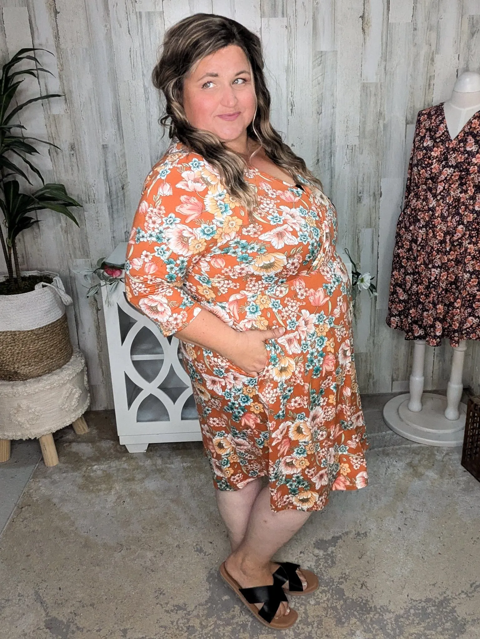 Taylor Faux-Wrap 3/4 Sleeve Dress in Florals (3 Colors)