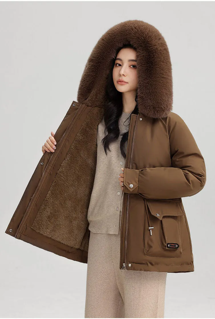 Thickened Water-Resistant Parka for Women with Faux Fur Collar and Flap Pockets