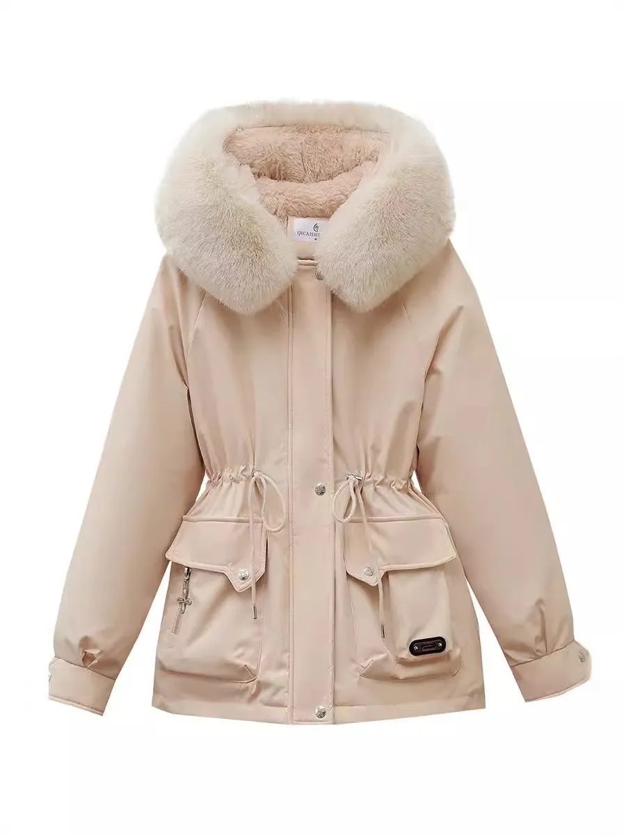 Thickened Water-Resistant Parka for Women with Faux Fur Collar and Flap Pockets