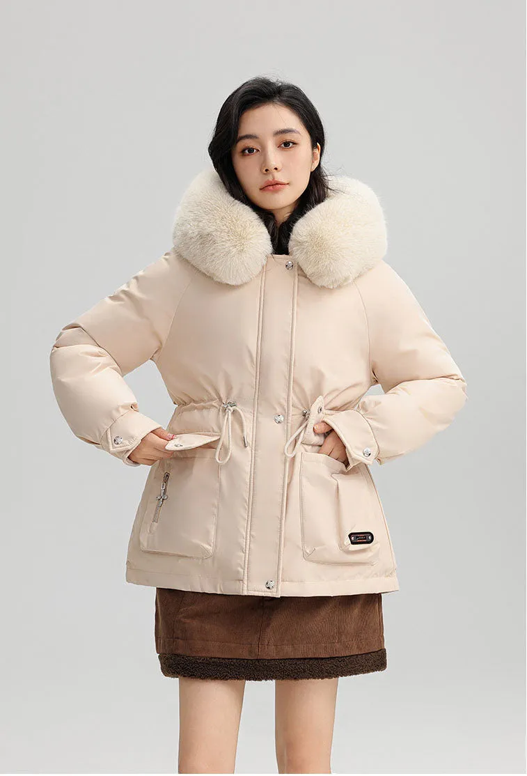 Thickened Water-Resistant Parka for Women with Faux Fur Collar and Flap Pockets